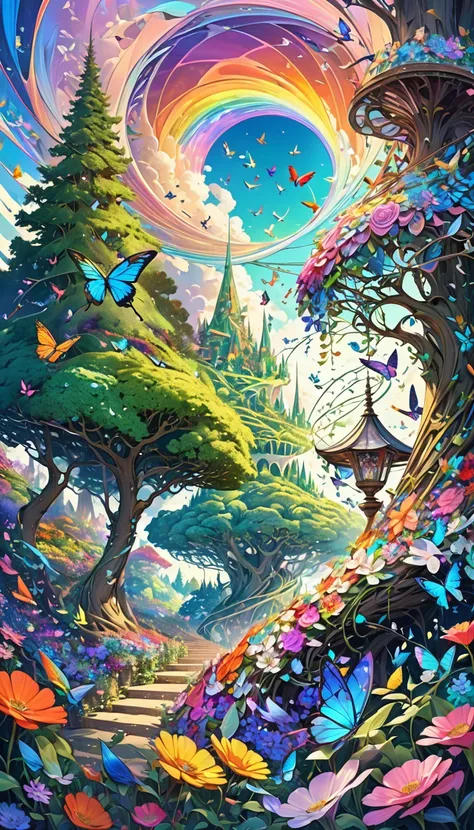 huge iridescent transparent cone, spiralling vines of trees and flowers, a force that reaches up to the sky, colorful birds and butterflies, a symbol of nature and peace, a one-of-a-kind work of art, ultra detailed, absolutely resolution, best quality