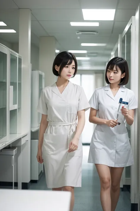 ((masterpiece)), ((Best Quality)), (Very detailed)3, Genuineistic, Genuine, whole body, whole body focus, Research Room, Beautiful Japanese Women, Two people, nurse, White Uniform, Beautiful black short hair, Beautiful dark eyes, Two peopleとも寄り目