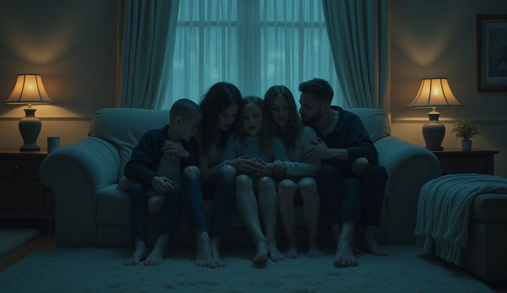 The Lutz family is huddled together in the living room, shivering as the temperature drops suddenly. They can see their breath in the air, and the room feels unnaturally cold. The scene is eerie and c