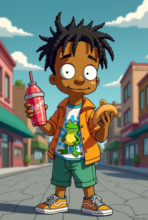 Puerto ricansimpson animation boy brown skin braids urban clothing simpsons animation holding a slurpee on one hand and an empanada on other hand coqui frog desighn on shirt