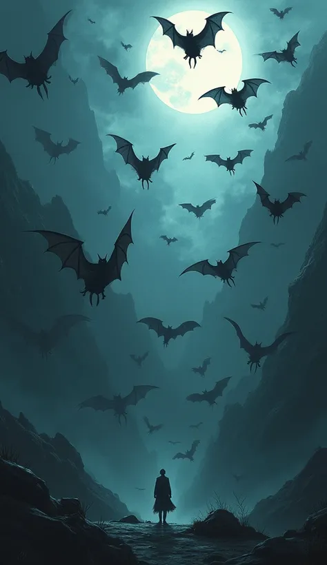 Digital illustration, Hundreds of bats flying in the bright night with their bodies burned