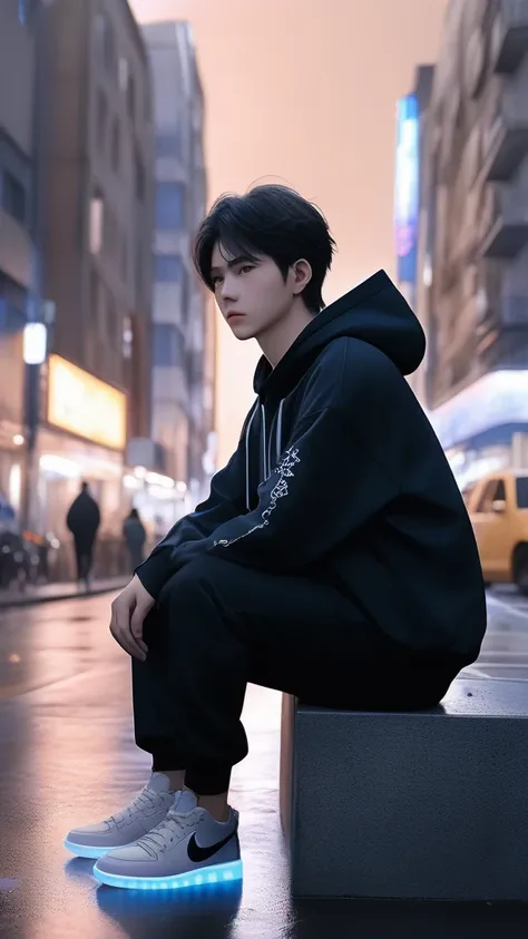 (extremely detailed CG unity 8k wallpaper), the most beautiful artwork in the world, highest quality, masterpiece, anime style, adult male, hoodie, Nike sneakers, street fashion, feeling down in the corner of a city at night.