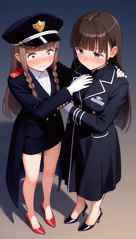 {Best Quality}, {Very beautiful},{Ultra fine},{Best illustration},Brown Hair,Hime cut,Long Hair,Braids,Standing Woman,Adult women,Scared face,Tears,A woman hugging herself while crying,Uniform cap,White Shirt,long black skirt,White gloves,In the haunted ho...