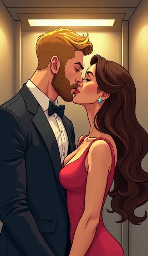 cartoon illustration A blond man, with a thin beard, Hes strong, wears an elegant suit and is kissing a fair-skinned woman, long brown wavy hair, they are kissing and the scene is inside an elevator, cartoon style