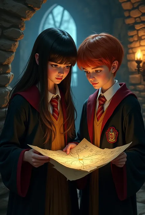 A Gryffindor girl with long straight hair and lots of bangs and Fred Weasley looking at an old map、They are both wearing black robes with red linings.、He is wearing a red and yellow striped tie、Mature appearance、Two people are having a conversation