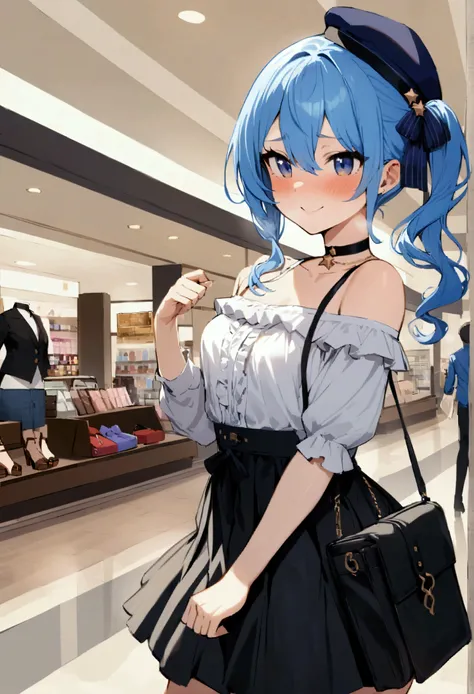 NSFW,masterpiece,Best Quality,High resolution,Very detailed,One girl,Star Town Suisei(Hololive),blue eyes,Blue Hair,Choker,Hair between the eyes,Medium Hair,Side Ponytail,スターChoker,Small breasts,Frilled shirt,Off the shoulder,Flared Skirt,Heeled Sandals,ha...