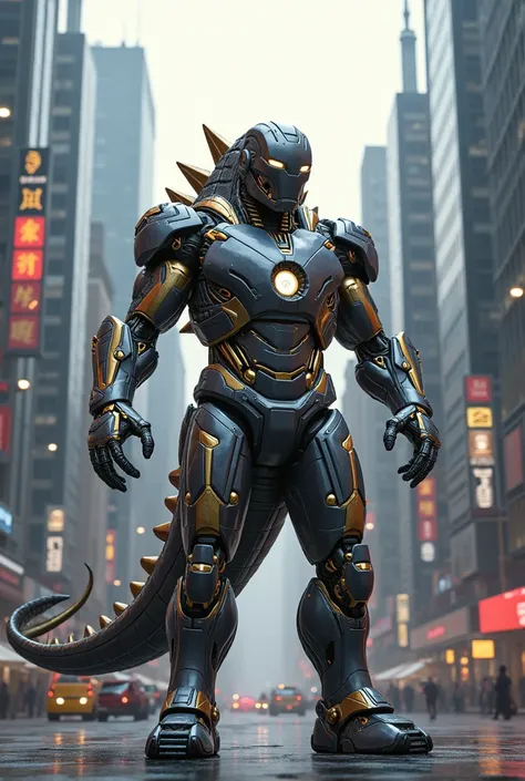 Iron man and Dinosour dna Fusion standing in City 