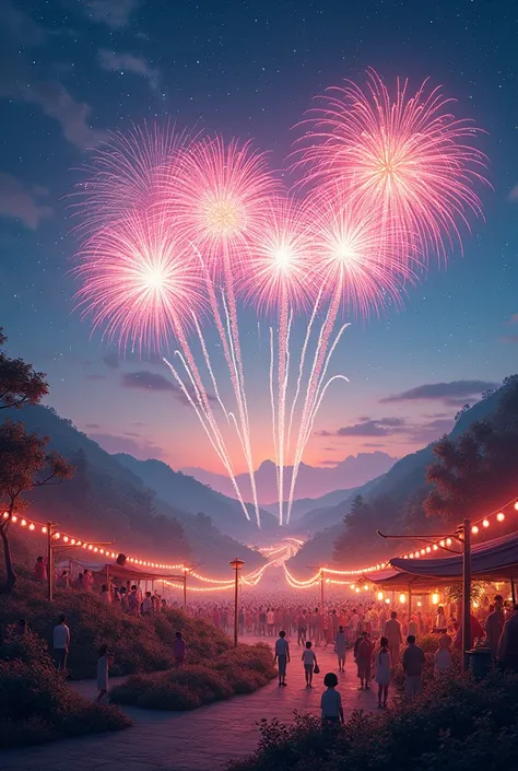 A festive landscape, fireworks, vibrant colors 