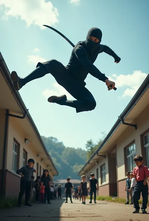 High speed photograph of a Japanese ninja with a sword in his hand doing a backflip high in the sky above the rooftops at a elementary school yard full of scared kids , causing a scene 