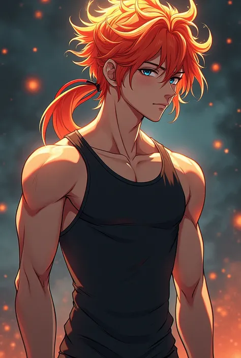 Highschool boy with an orange and red highlights jellyfish hairstyles with red hair tail he tied from the back,good looking,a model type body ,200 cm tall,mole under his left eye and on his left chin near his mouth and his chest make a character sheet of h...