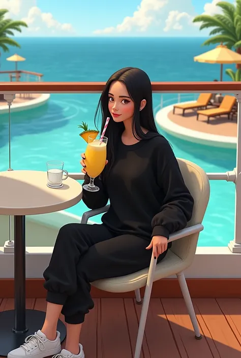 Girl in her 20’s, long black straight hair, wearing black sweatsuit with white sneakers, having piña colada at restaurant by pool at large cruise ship . Pixar cartoon 