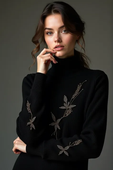 Black sweater with beautiful details on the model