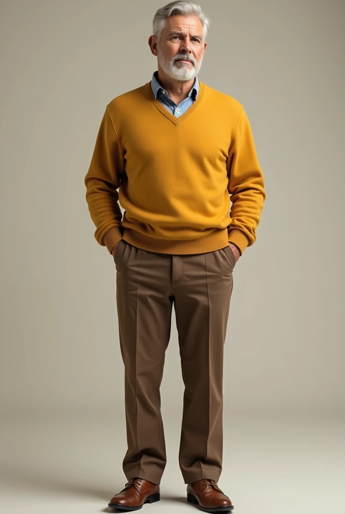 A man wearing a brown chino pant and a mustard yellow jumper