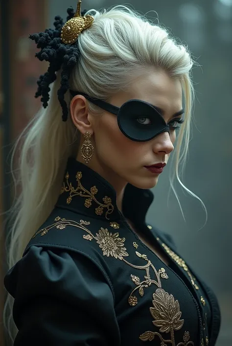 A 5 Empress with silver blond hair, left blind eye with scar, wearing eyepatch, looking evil, very beautiful, a South East Asian race