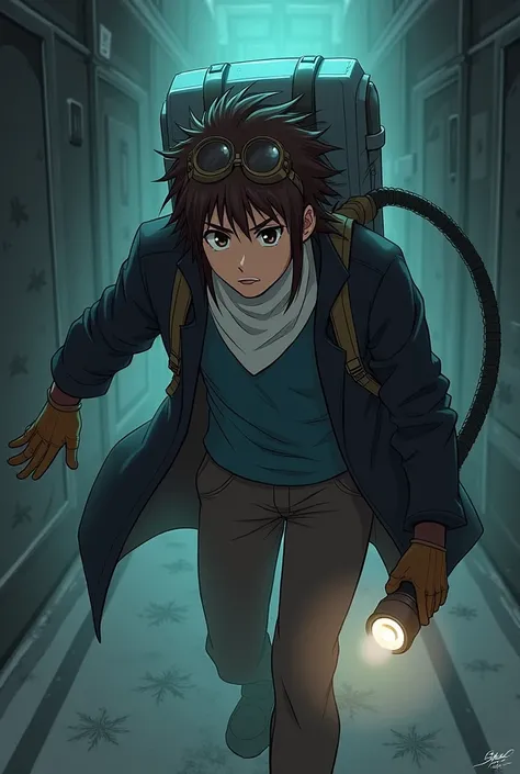 anime boy with,white neck cover,dark gray shoes,blue shirt,dark brown hair with long sideburs,black long jacket,brown gloves,dark brown pants,brown eyes,aviator glasses on his FORHEAD,He carries a vacuum cleaner on his back he is a ghoshunters and in his r...