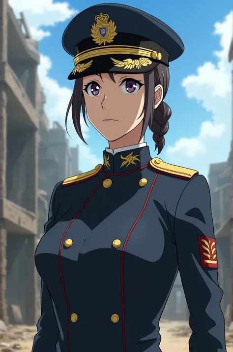 A screenshot of Dr Stone (the anime),of a female mannequin wearing the military uniform of the Commander of the American Navy 