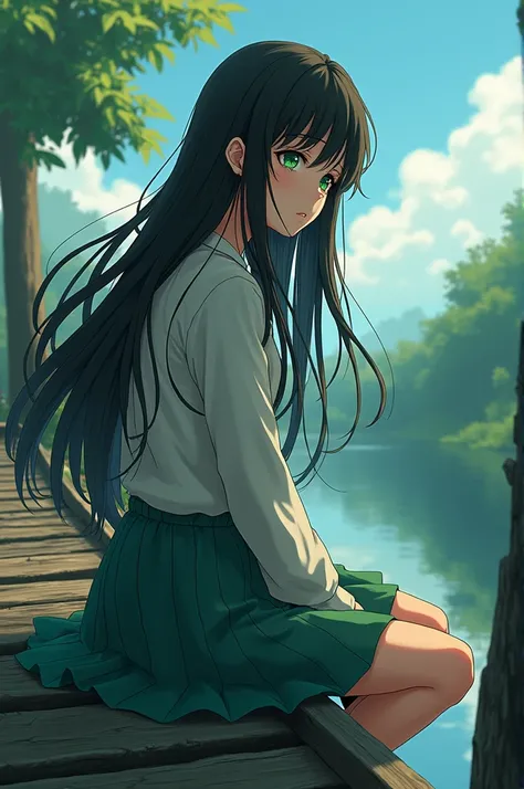 Anime girl, long black hair, green eyes, sad look, sitting on a bridge, looking into distance 