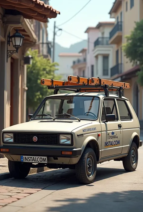 Fiat uno with a ladder on the roof parked on the sidewalk with the logo on the side saying Instalcom