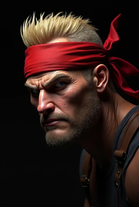 Create an image of Bill Rizer from Contra, showing only from the shoulders up. He must wear his classic red bandana and a serious warrior expression., with her short blonde hair. The background should be completely black to emphasize an atmosphere of actio...