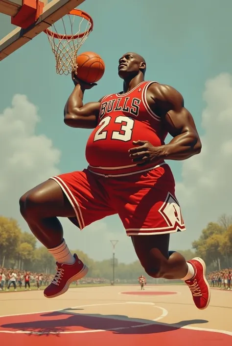 Create an image of Michael Jordan doing a dunk using Fernando Botero&#39;s style 