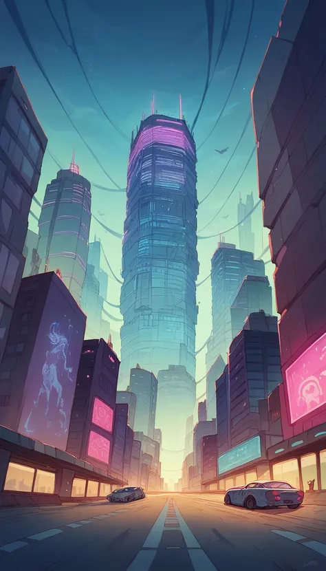 A sprawling futuristic city skyline at night, with neon lights reflecting off glass skyscrapers, flying cars zooming by, and people in glowing outfits walking on skybridges. The sky is a deep purple, with holographic advertisements floating in the air."