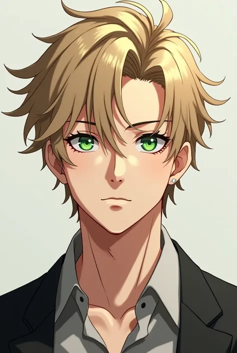 Create a young blond adult man, green-eyed, Serious, elegant, attractive, messy anime hair