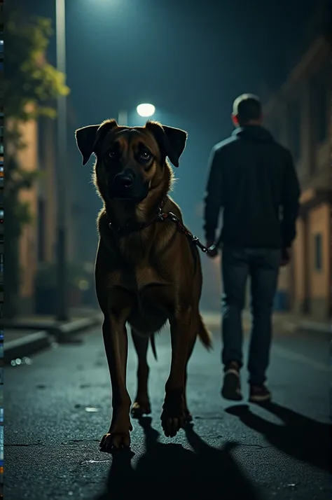 Image of a dog protecting its owner during a walk at night, listening to sounds around, staying alert