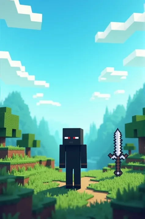 "Create a Minecraft themed YouTube banner for the &#39;vin&#39; channel_709. The design must include a pixelated Minecraft landscape, com colinas greens, square trees, and a blue sky with square clouds. An Enderman should be standing in the scene, being th...