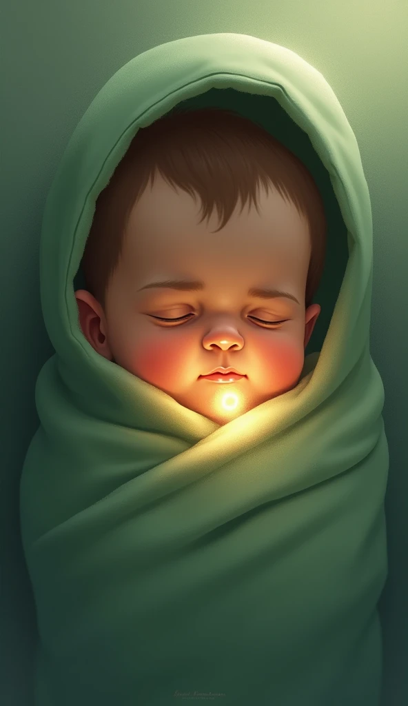 Digital illustration, baby figure wrapped in a green blanket, the face is not visible because it is covered by light, the position of the light is right in front of his face