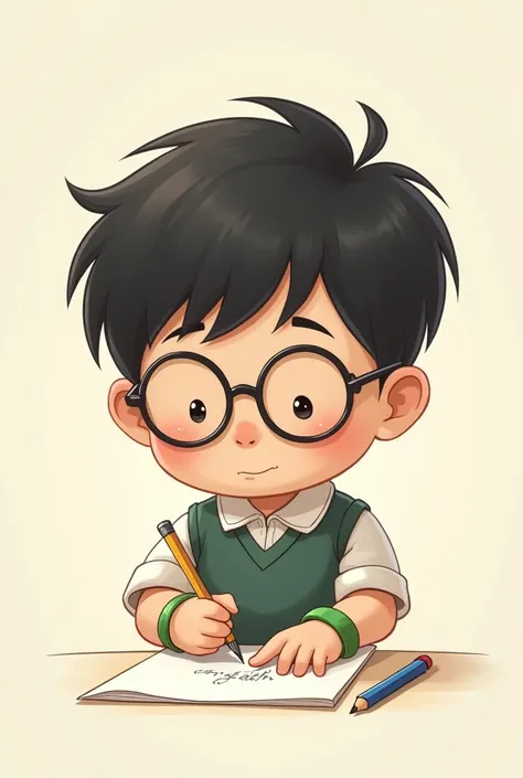 A chibi head of a boy with glasses while drawing. His hair should be just normal, just like a cartoon or korean one. Wearing a uniform with a green bracelet on his wrist. His face is just straight. Focus.