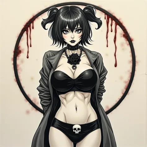 mixed_artwork style, neckleace, sweaty, 1 girl, standing alone, hands, Beautiful woman, ((best qualityer)), ((work of art)), (detailded: 1.4), Beautiful woman, short black open shirt, skirt short, black hair gray highlights, double tail bangs, Black rose, ...