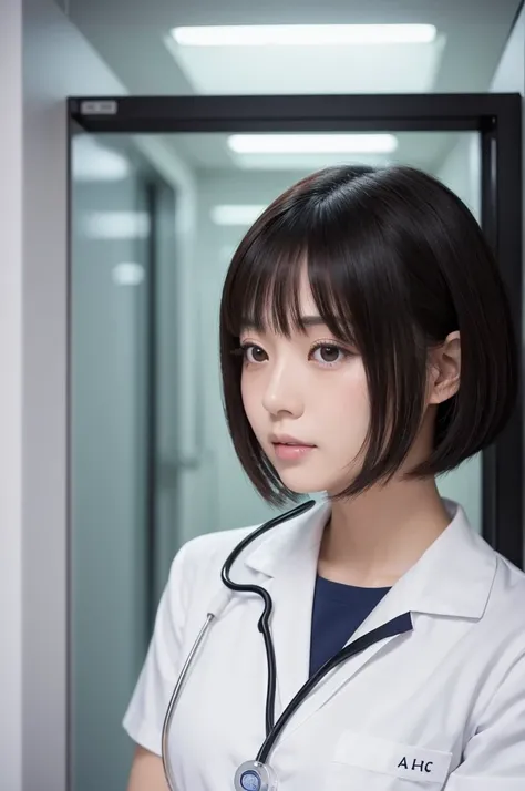 ((masterpiece)), ((Best Quality)), (Very detailed)3, Genuineistic, Genuine, whole body, whole body focus, Research Room, Beautiful Japanese Women, One person, nurse, White Uniform, Beautiful black short hair, Beautiful dark eyes, View from the front,View t...