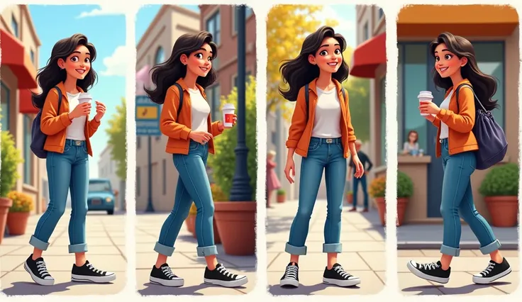 Pixar Disney drawing of four panels showing the sequence of steps of a white woman, wearing black all star, jeans, Going