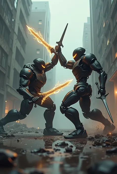 Make two robots fighting with swords,one of which has a golden sword of electrical energy, and the other has two swords, one black and the other red, the two are destroying each other, in the middle of an abandoned city, darkly, raining and foggy, no, I wa...