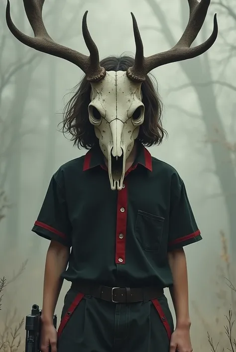 A boy with relatively long wavy hair. He wears a deer skull as a mask. He also wears baggy pants and a black shirt with red details.. He may or may not be armed with a firearm..
