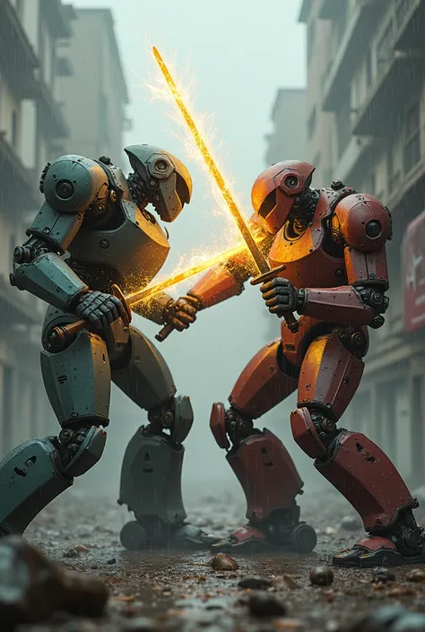 Make two robots fighting with swords,one of which has a golden sword of electrical energy, and the other has two swords, one black and the other red, the two are destroying each other, in the middle of an abandoned city, darkly, raining and foggy, no, I wa...