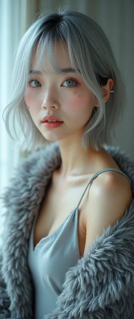 (8k, Photorealistic, Original photo, Highest quality: 1.4),Japanese idol-style beautiful girl,1,Model,1 person,(Short Bob),(Silver Hair),She has her hair tucked behind her ears,透き通るgreyの瞳,Long eyelashes,(piercings(small)),(Lip gloss),lips(Plump,glossy),Tra...