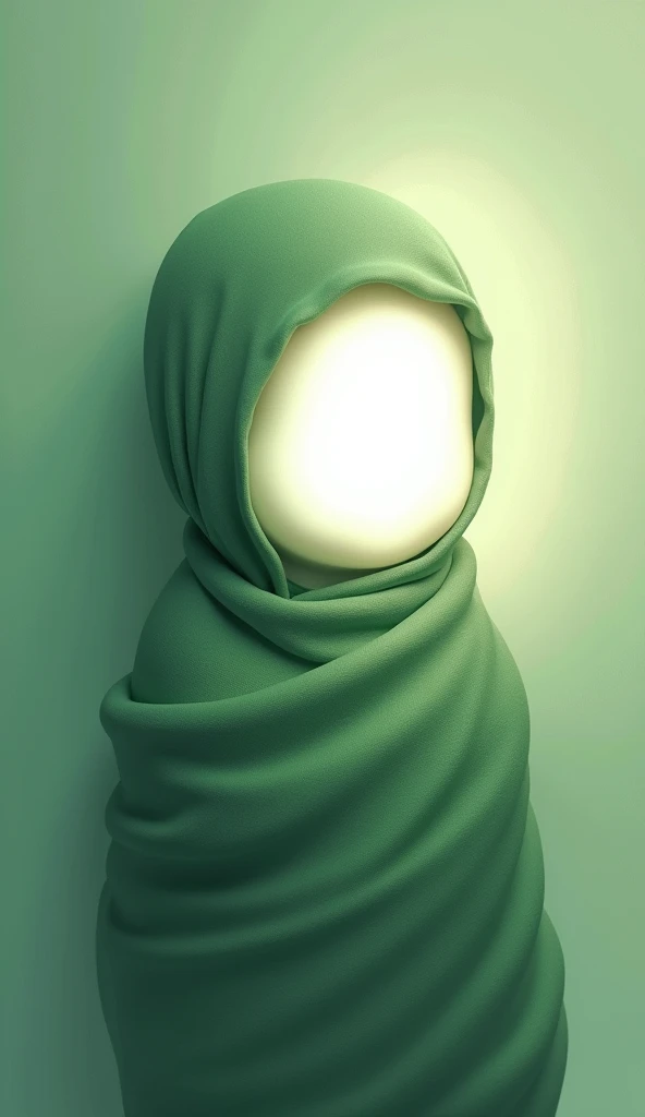 Digital illustration, baby figure wrapped in a green blanket, the face is not visible because it is covered by refracted white light, The position of the white light right in front of his face covered his entire face so that his face could not be seen.