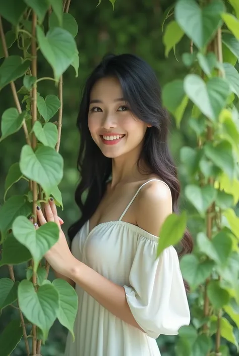 From the viewer&#39;s perspective, looking through a curtain of purple queen vines with a blur effect. Close-up of a beautiful Thai woman in a white dress, standing happily in a long curtain of purple queen vines.