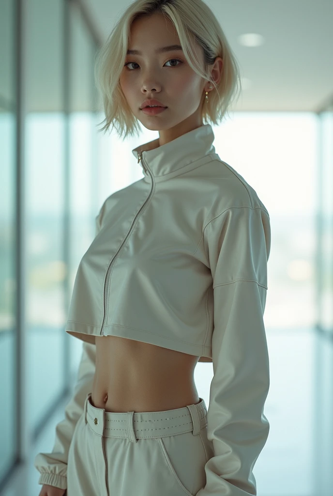 It could generate an image of a 20-year-old Japanese girl, she has very typical Japanese eyes and has an elegant look. Short hair, blondes, eyelashes and eyebrows are also blonde. With an athletic body. Wears a white techwear style outfit