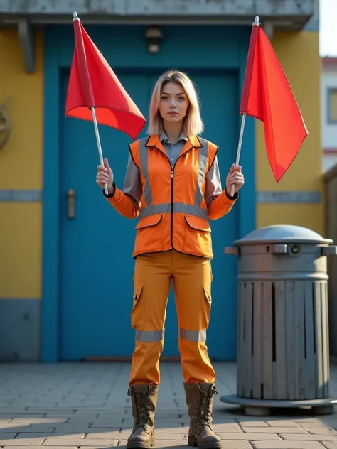 Thin blonde haired woman dressed as a street cleaner with a trash can in front of a medium-sized blue and yellow building holding red flags Realistic 4k image