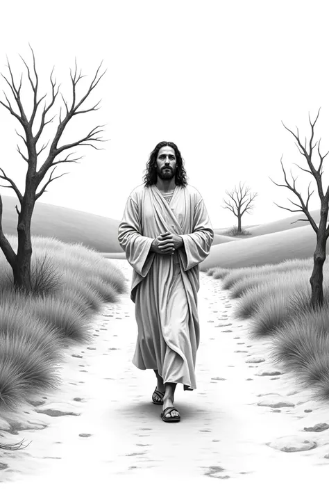 Jesus in black and white drawing walking on a road 

