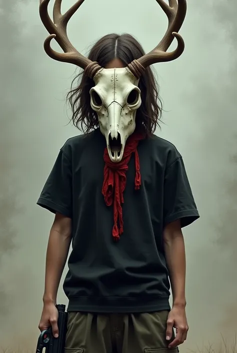 A boy with relatively long wavy hair. He wears a deer skull as a mask. He also wears baggy pants and a black shirt with red details.. He may or may not be armed with a firearm.. 

