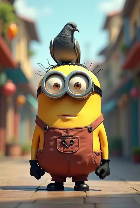 The only Minion who looks skinny and Southeast Asian has a protruding belly and a pigeon sitting on his head.