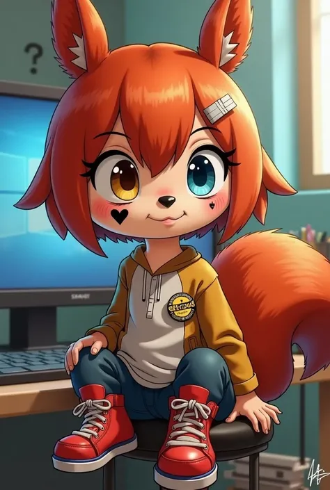 Squirrel boy with short straight red hair in a bob with a clip, with red squirrel ears, cute face with left yellow eye and right blue eye, under the left eye is a tattoo in the form of a black heart, with a fluffy red squirrel tail, wearing red sneakers wi...