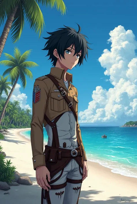 Attack on titan screencap of a male with messy hair black hair, Grey eyes, and about teen. Scenery is beautiful in paradise island. He is wearing a survey corps outfit wit studio season 2