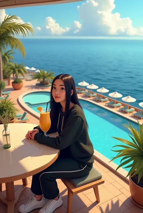 Girl in her 20’s, long black straight hair, wearing black sweatsuit with white sneakers, having piña colada at restaurant by pool at large cruise ship . Pixar cartoon 