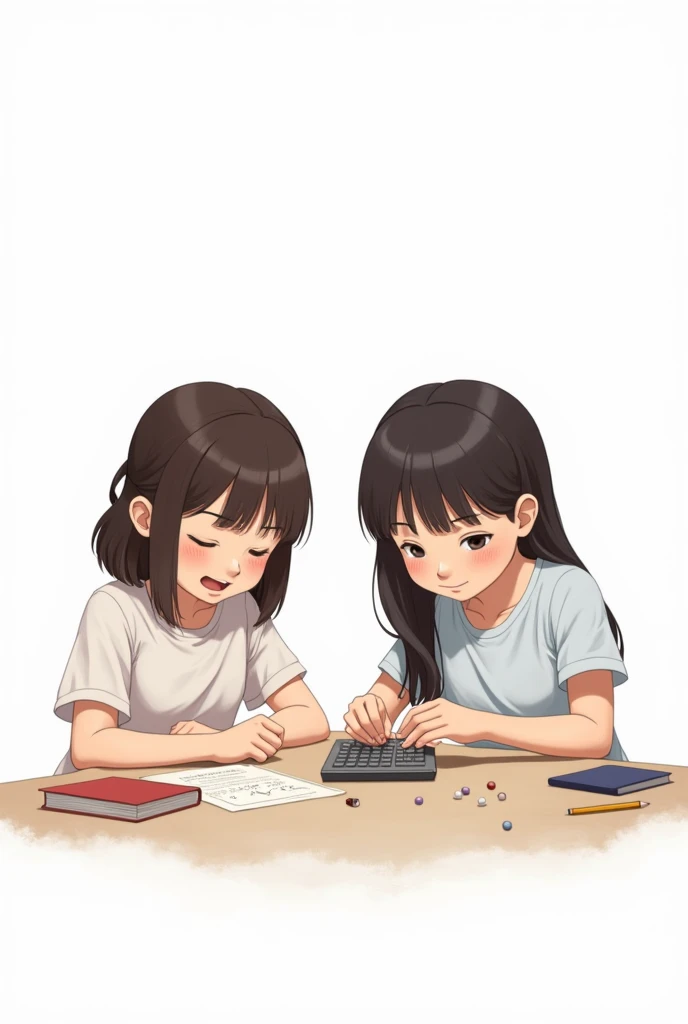 two girl and one  boy  calculating in table. Background is fully white 