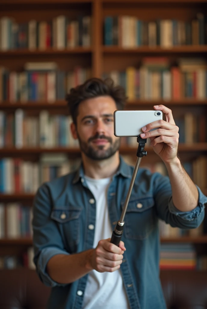 A men with iphone in selfie stick in hands with background books