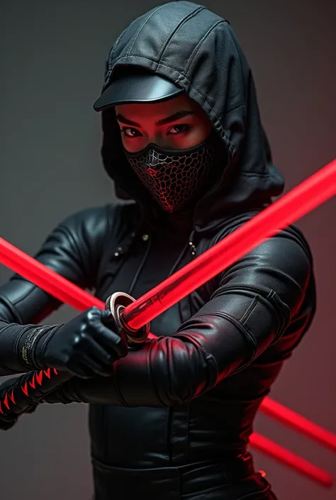 a 20 years old japanese woman, wearing black baggy techwear clothes and an iron mask, using 2 red katanas